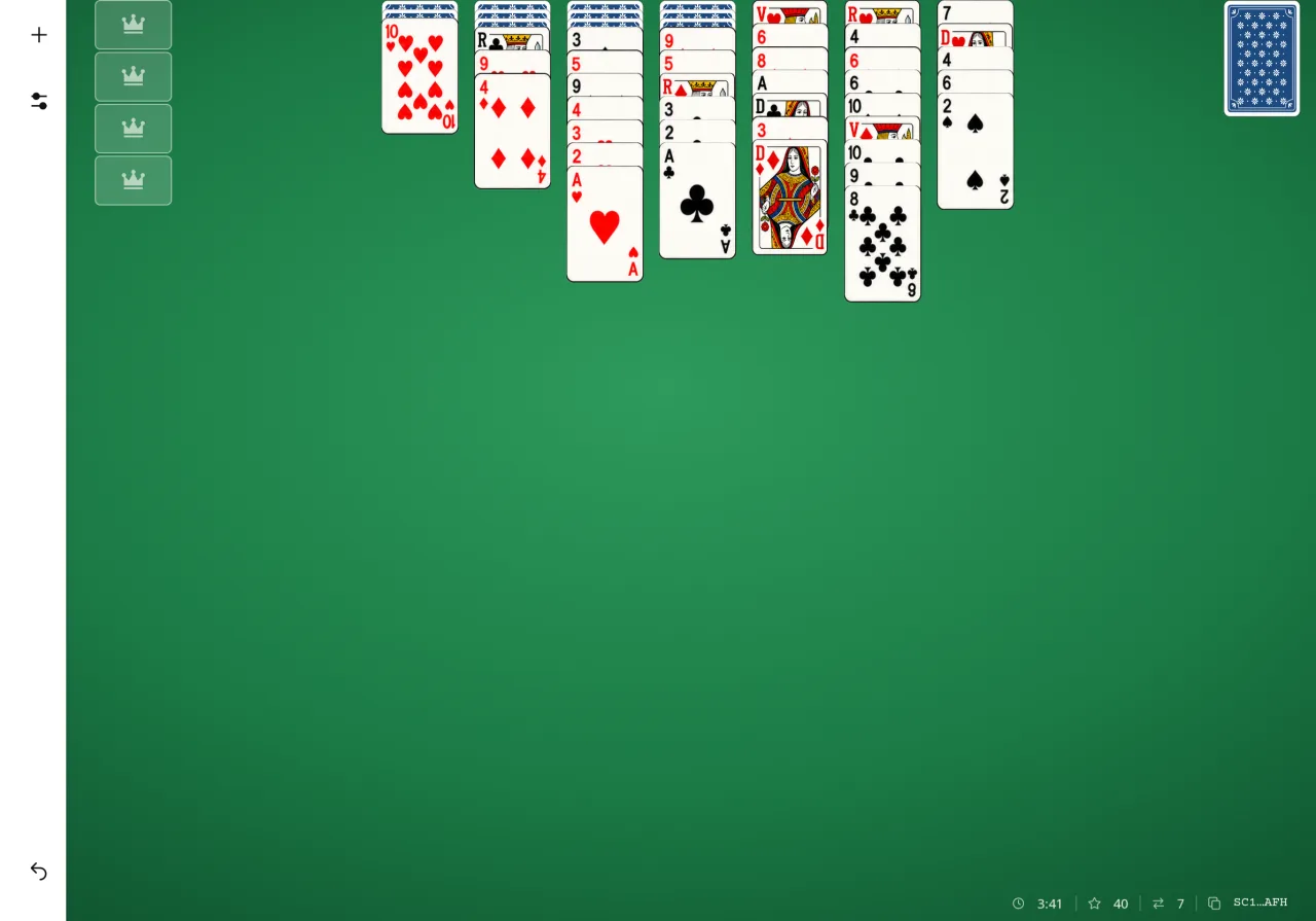 Scorpion Solitaire sur tablette à l’horizontale : la même partie (7 coups, 40 points), avec beaucoup de tapis libre sous les colonnes.
