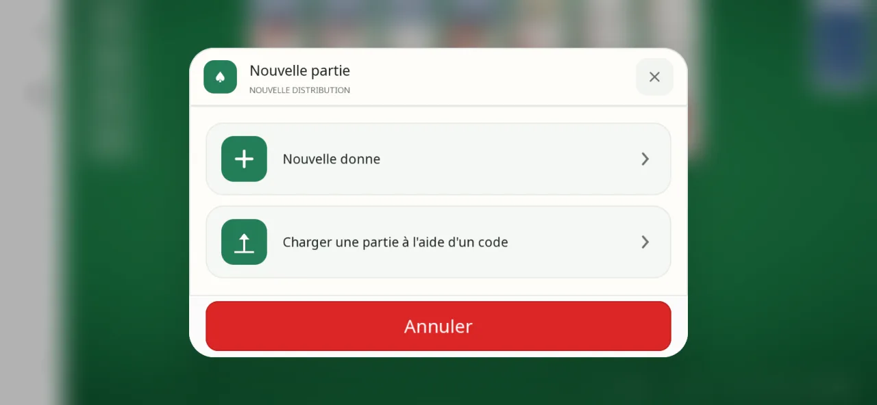 Fenêtre Nouvelle partie de l’app au-dessus du plateau flouté : deux choix, « Nouvelle donne » et « Charger une partie à l’aide d’un code », puis le bouton Annuler.