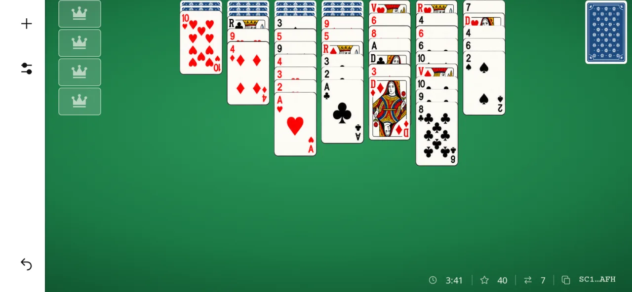 Scorpion Solitaire sur téléphone à l’horizontale, partie engagée : 7 coups joués, 40 points, chrono 3:41 ; une suite 4♥ 3♥ 2♥ A♥ se forme dans une colonne, la réserve attend encore à droite, face cachée.